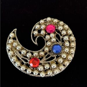 Vintage large crescent faux pearl rhinestone brooch